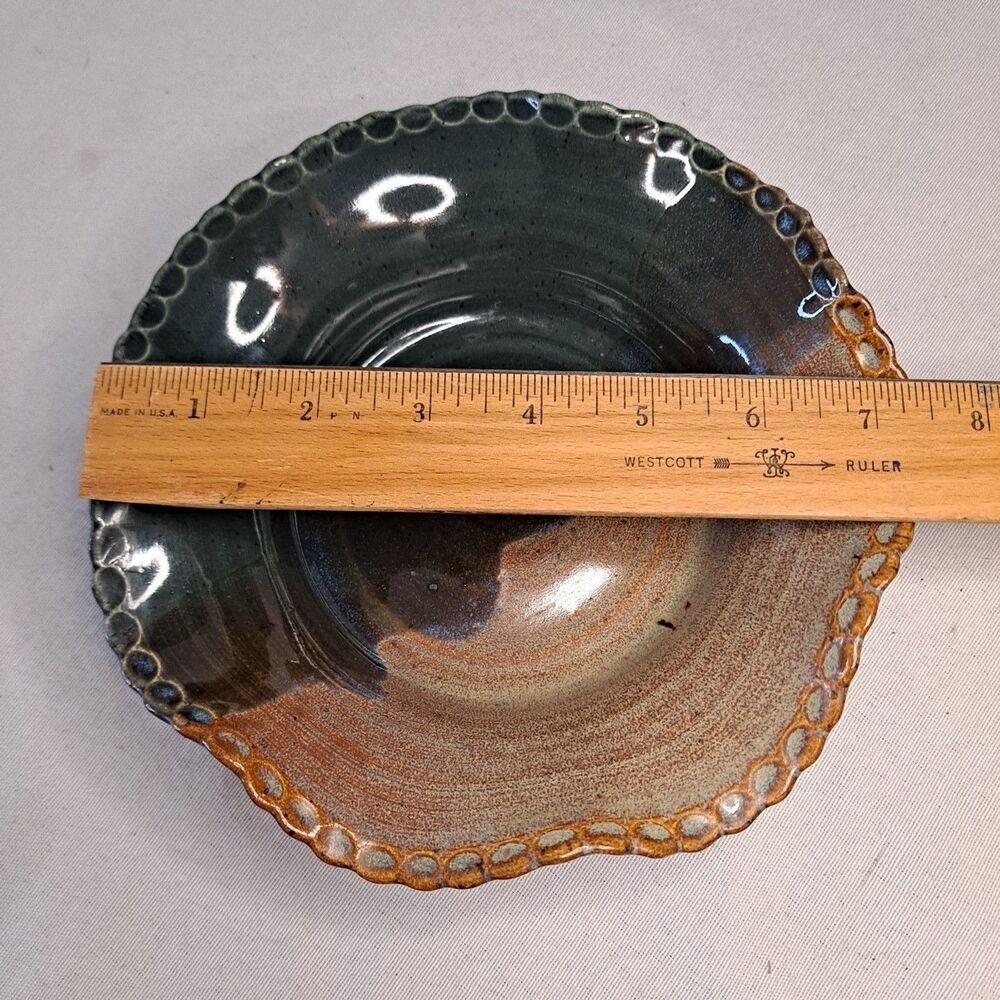 Handmade Studio Art Pottery Scalloped Bowl Marked BVP K2 Brown Blue 7-1/4" - Picture 6 of 7